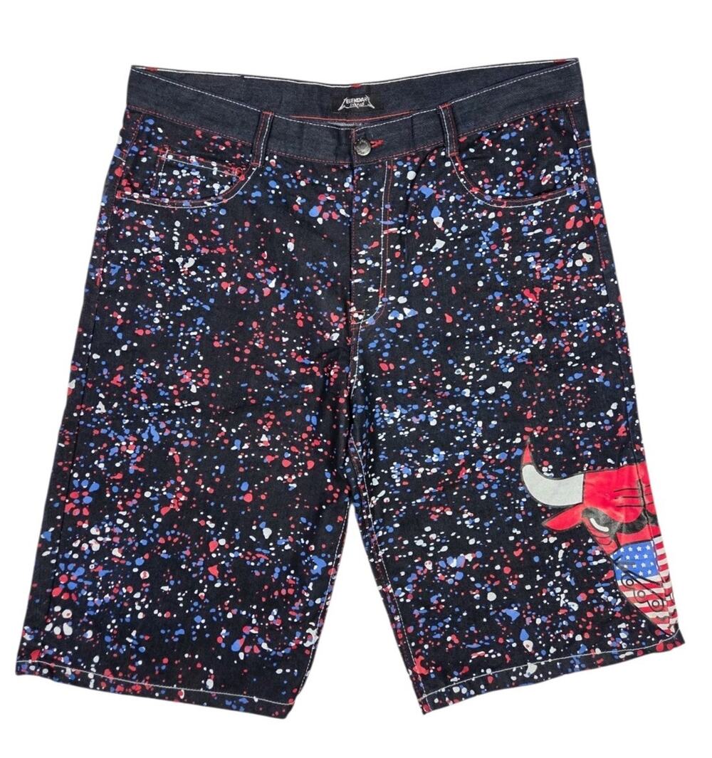 Legendary Status Denim Shorts Bulls Logo Jorts Dark Blue Streetwear Speckled 40